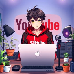 An 18-year-old anime boy sitting at a computer desk, wearing a stylish black and red hoodie with the Channel Name 'SDtube' prominently displayed