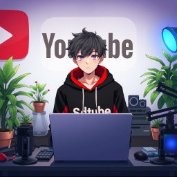 An 18-year-old anime boy sitting at a computer desk, wearing a stylish black and red hoodie with the Channel Name 'SDtube' prominently displayed
