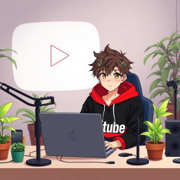 An 18-year-old anime boy sitting at a computer desk, wearing a stylish black and red hoodie with the Channel Name 'SDtube' prominently displayed