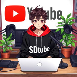 An 18-year-old anime boy sitting at a computer desk, wearing a stylish black and red hoodie with the Channel Name 'SDtube' prominently displayed