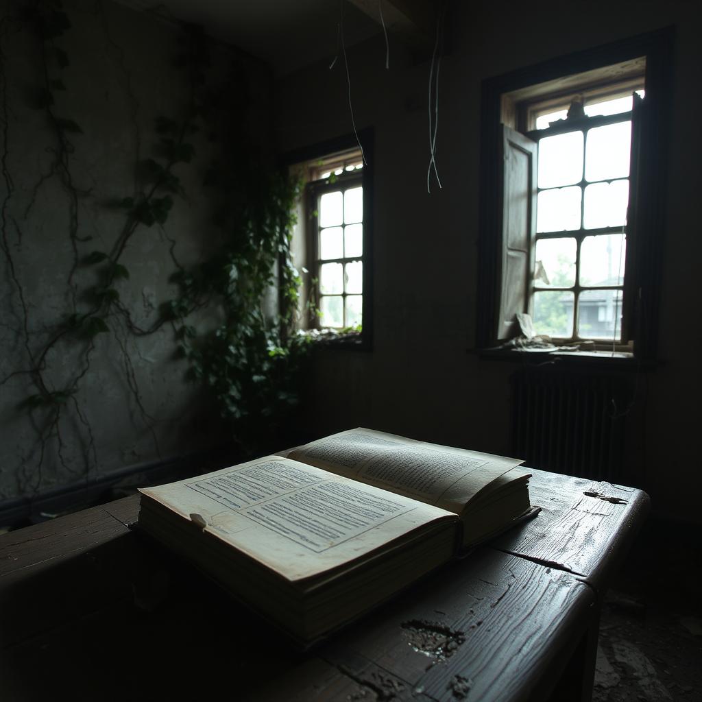 An old, dusty book resting on a cracked, wooden table inside a dilapidated, abandoned house