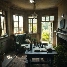 An inspiring scene inside a beautiful, abandoned house, filled with sunlight pouring through broken windows, illuminating dust particles in the air