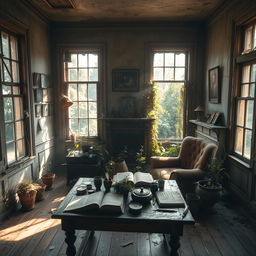 An inspiring scene inside a beautiful, abandoned house, filled with sunlight pouring through broken windows, illuminating dust particles in the air