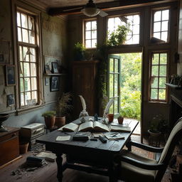An inspiring scene inside a beautiful, abandoned house, filled with sunlight pouring through broken windows, illuminating dust particles in the air