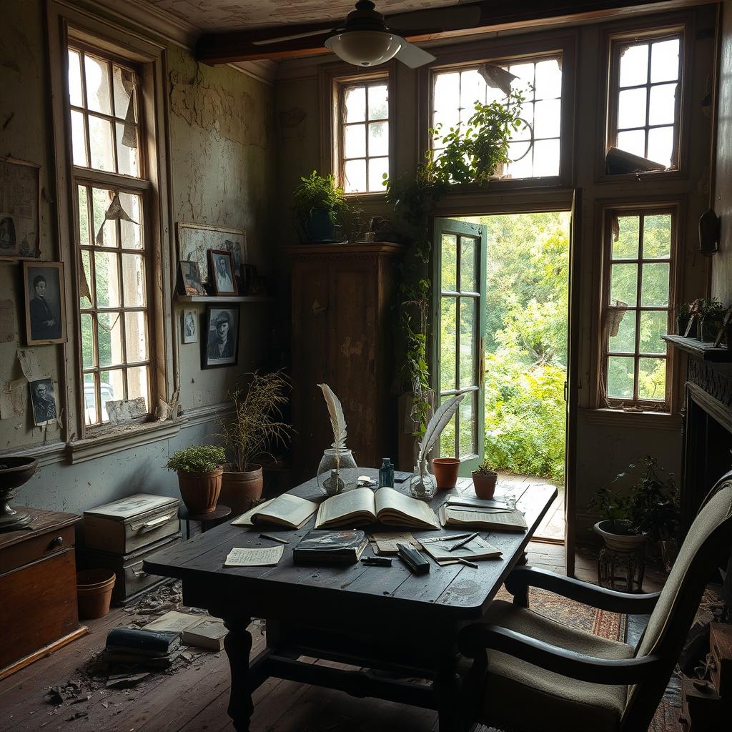 An inspiring scene inside a beautiful, abandoned house, filled with sunlight pouring through broken windows, illuminating dust particles in the air