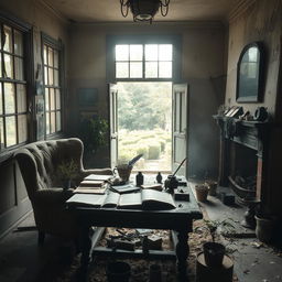 An inspiring scene inside a beautiful, abandoned house, filled with sunlight pouring through broken windows, illuminating dust particles in the air