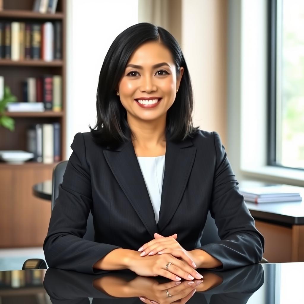 A formal portrait of a confident businesswoman in a tailored dark gray suit, seated in an elegant office setting