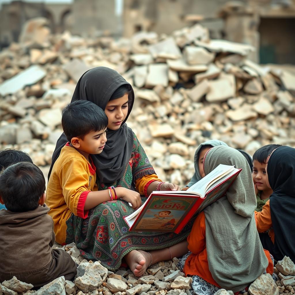 A Muslim girl, around 10 years old, with a peaceful expression, sitting amidst the ruins of Gaza, reading a captivating storybook to a group of attentive Muslim children