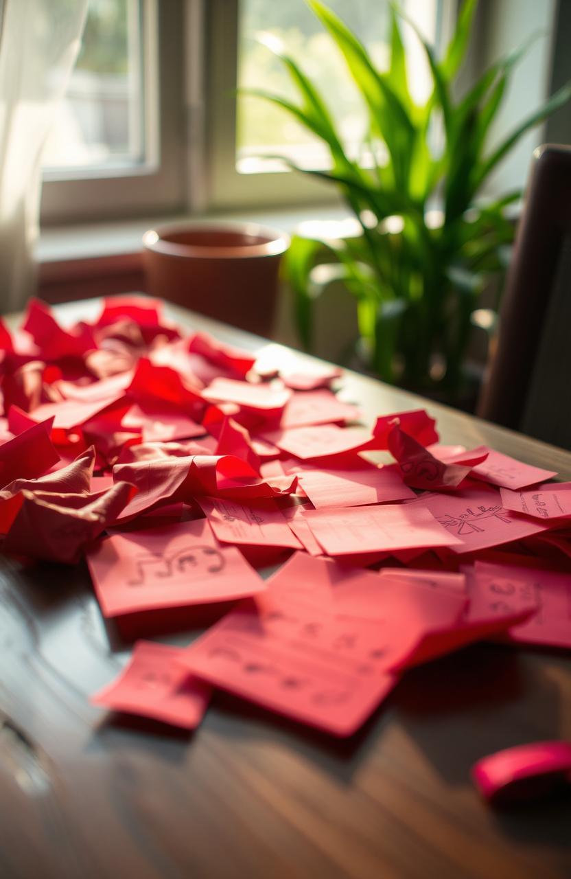 A vibrant and artistic depiction of a collection of red notes scattered across a wooden table