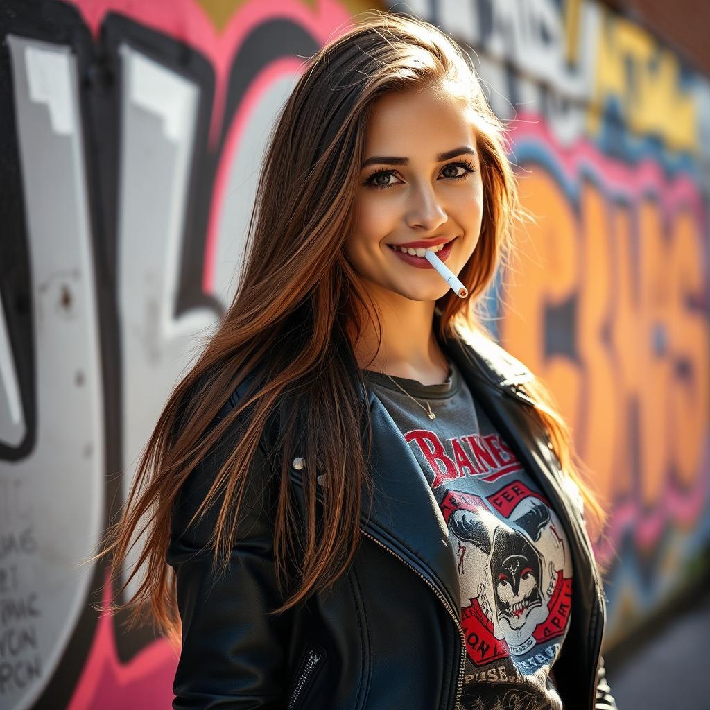 A beautiful young woman with long, flowing brown hair, dressed in a stylish, fitted leather jacket and a vintage band t-shirt, standing against a graffiti-covered wall