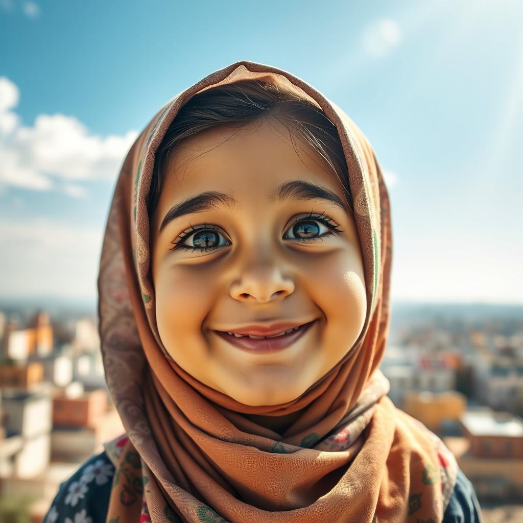 A young Muslim girl in Gaza, around 10 years old, radiating hope and positivity