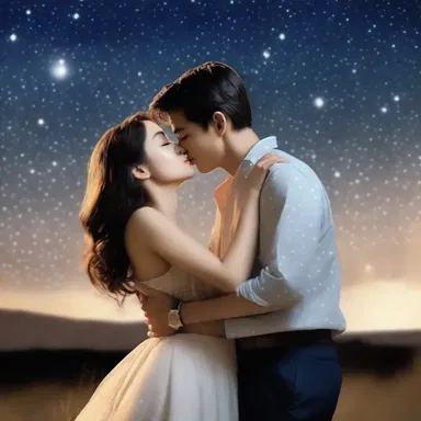 The couple in the romantic movie shared an amiably passionate kiss under the starry sky.