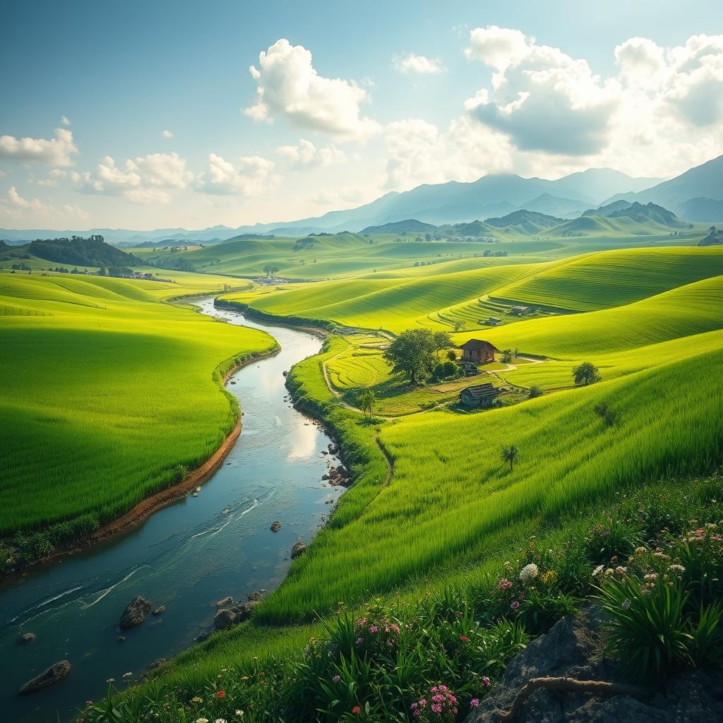 A breathtaking realistic view of the countryside, featuring vibrant green rice fields stretching across gently rolling hills