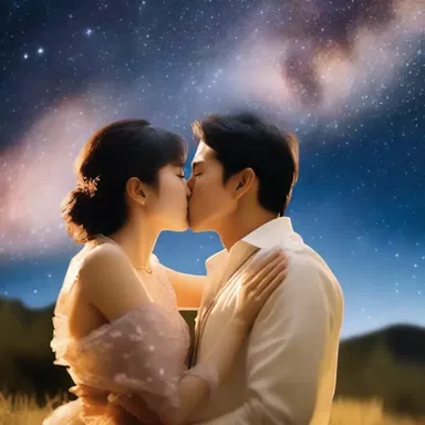 The couple in the romantic movie shared an amiably passionate kiss under the starry sky.