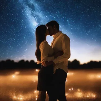 The couple in the romantic movie shared an amiably passionate kiss under the starry sky.