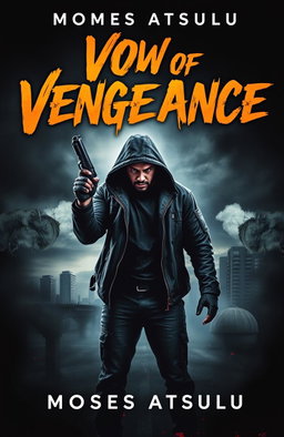 A thrilling book cover for 'Vow of Vengeance' by Moses Atsulu, featuring a menacing gunman in the center, clad in a shadowy, rugged attire