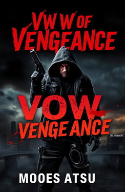 A thrilling book cover for 'Vow of Vengeance' by Moses Atsulu, featuring a menacing gunman in the center, clad in a shadowy, rugged attire