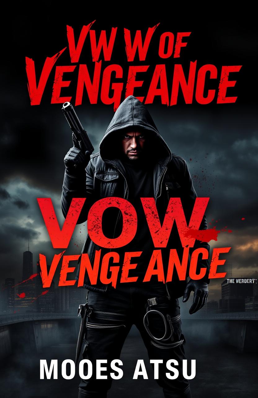 A thrilling book cover for 'Vow of Vengeance' by Moses Atsulu, featuring a menacing gunman in the center, clad in a shadowy, rugged attire