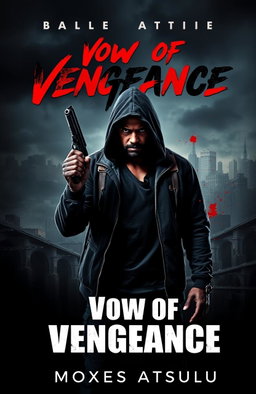 A thrilling book cover for 'Vow of Vengeance' by Moses Atsulu, featuring a menacing gunman in the center, clad in a shadowy, rugged attire