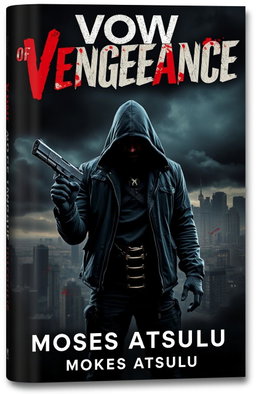 A thrilling book cover for 'Vow of Vengeance' by Moses Atsulu, featuring a menacing gunman in the center, clad in a shadowy, rugged attire