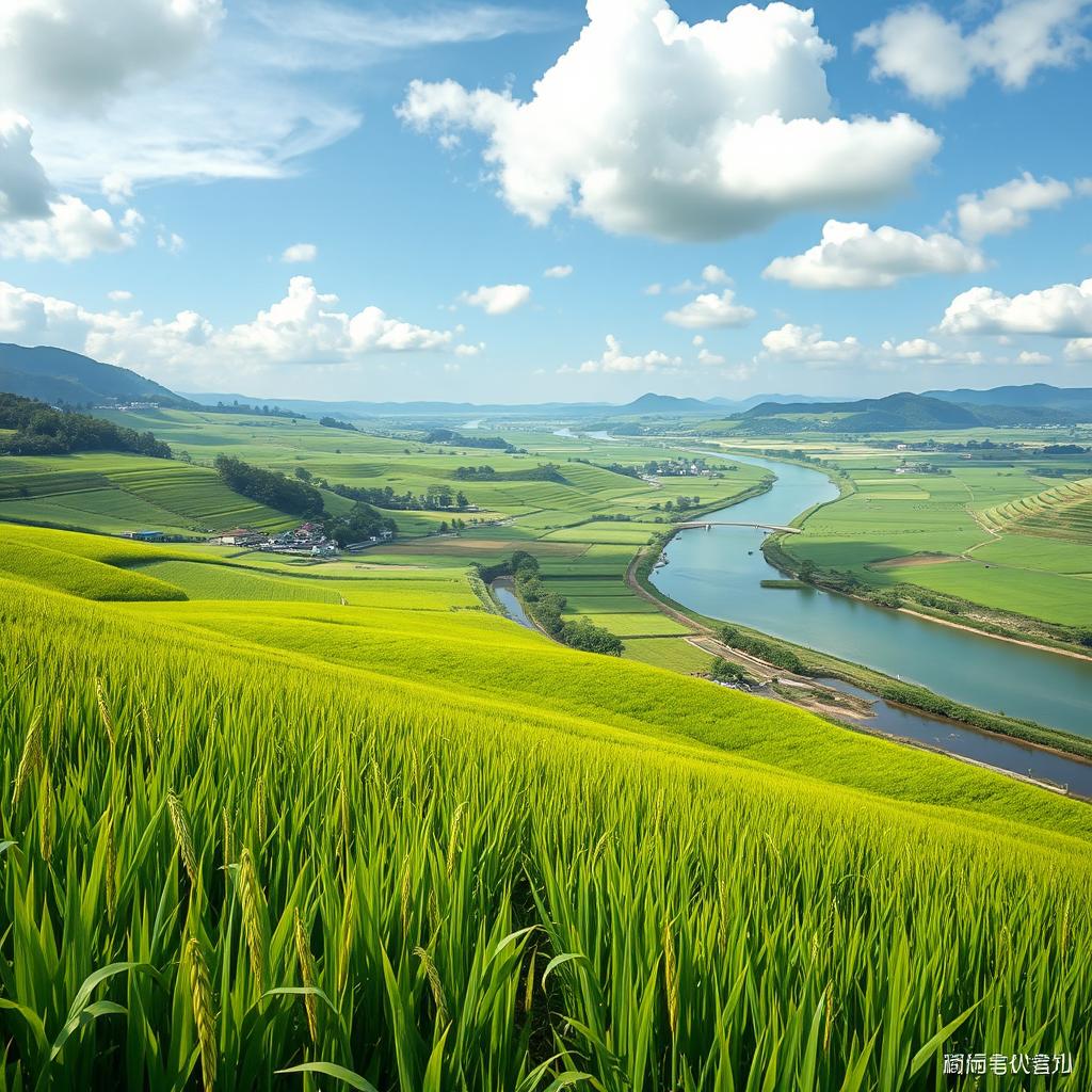 A breathtaking realistic view of the countryside, showcasing lush green rice fields stretching as far as the eye can see, interspersed with a clear, flowing river