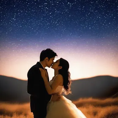 The couple in the romantic movie shared an amiably passionate kiss under the starry sky.
