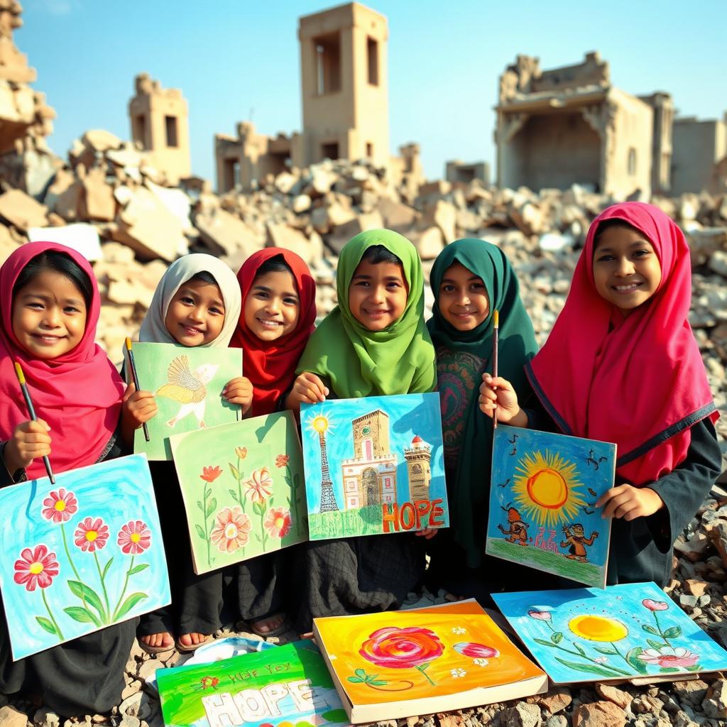 A group of ten-year-old Muslim children joyfully painting in the ruins of Gaza, showcasing their creativity and resilience