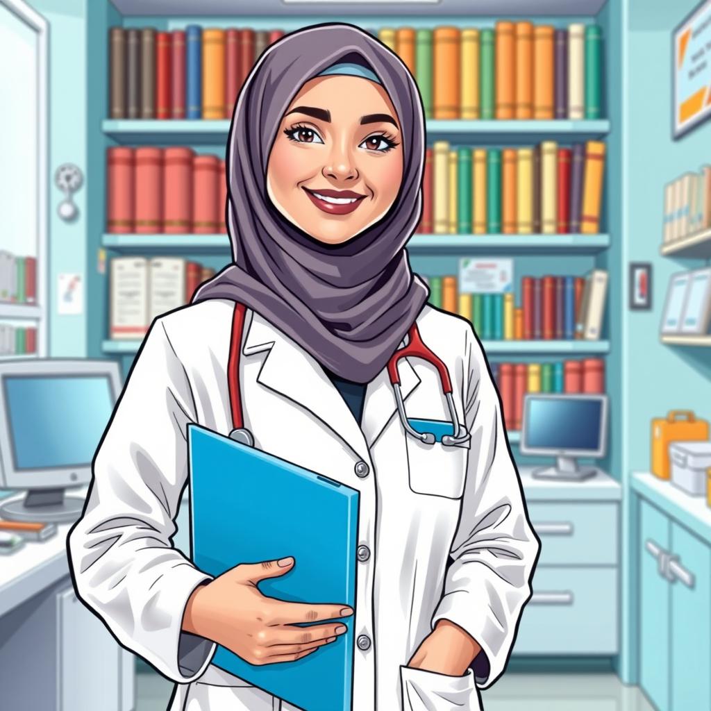 A Muslim female doctor wearing a white lab coat and holding a blue folder, illustrated in a comic book style