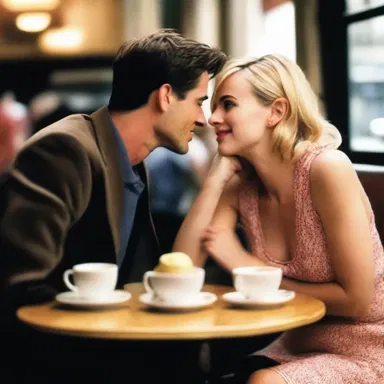 In the romantic comedy film, the two characters meet amiably at a cafe and instantly hit it off.