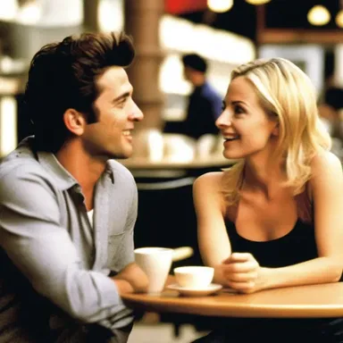 In the romantic comedy film, the two characters meet amiably at a cafe and instantly hit it off.
