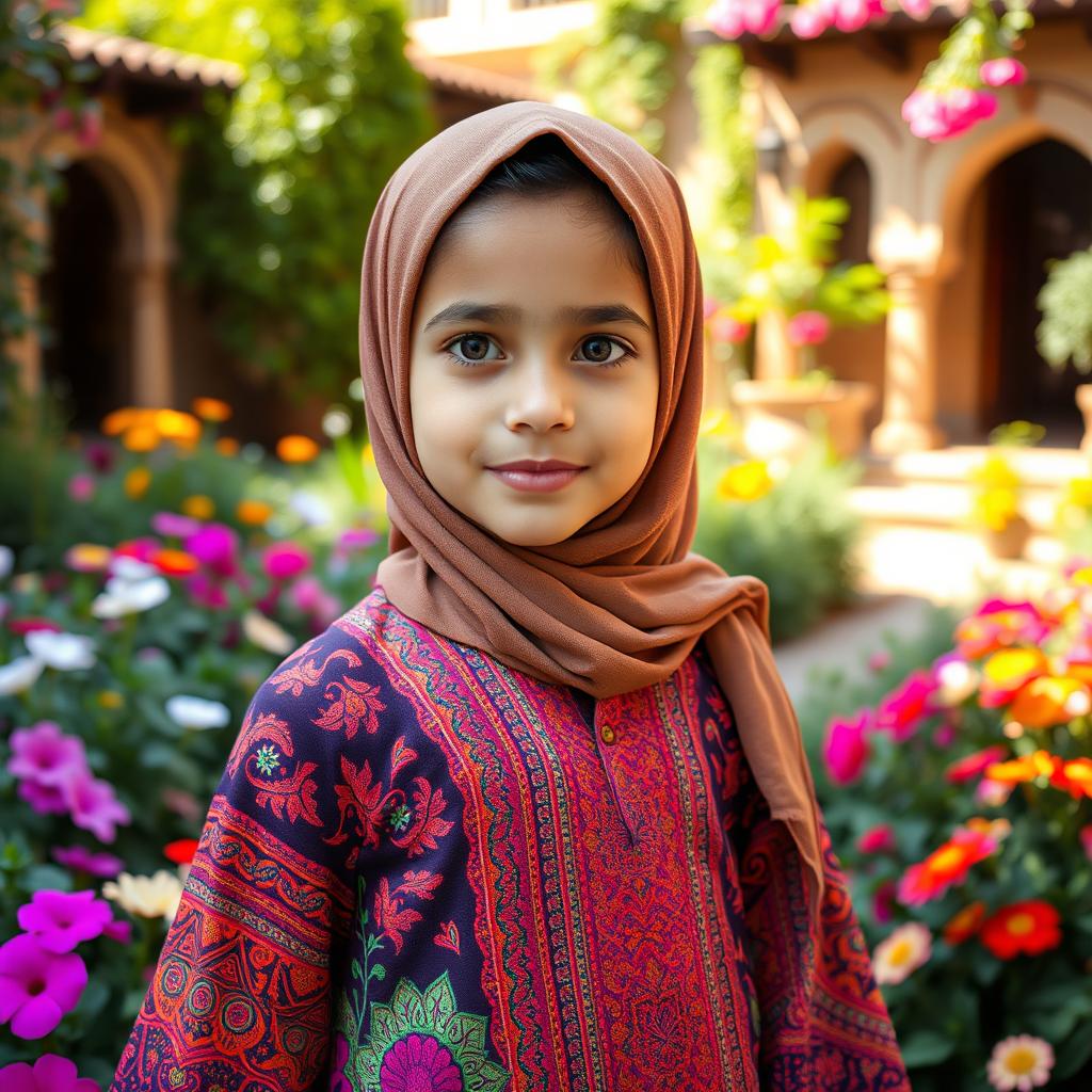 A beautiful and serene portrait of a 10-year-old Muslim girl in Gaza, wearing a vibrant traditional outfit adorned with intricate patterns