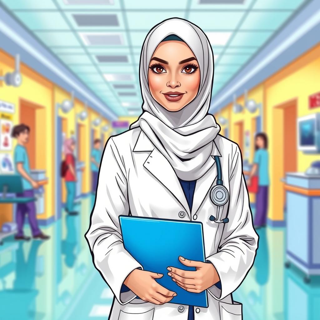 An Arab Muslim female doctor wearing a pristine white coat, holding a blue folder in her hand