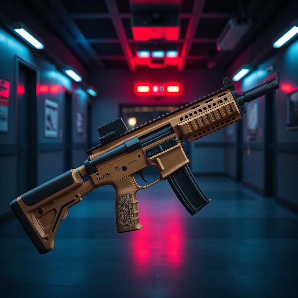 A hyper-realistic image of the modern Israeli Tavor 21 assault weapon prominently displayed in the foreground, featuring sandy brown (tan) coloring with black elements