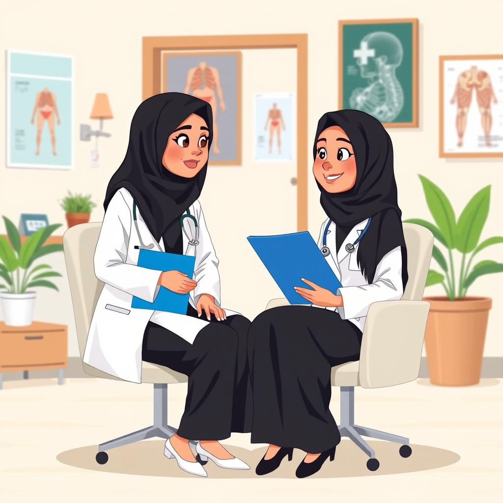 A cartoon-style illustration featuring an Arab Muslim female doctor wearing a completely white coat, seated on a chair while holding a blue folder