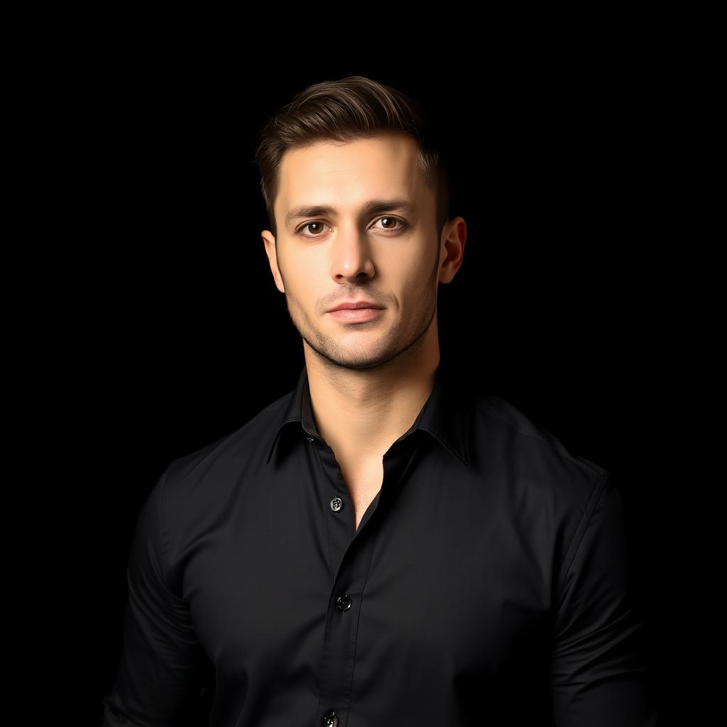 A man wearing a stylish black shirt standing confidently against a solid black background