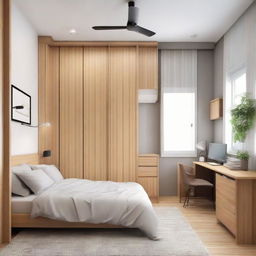 A small cozy style bedroom featuring a medium-sized bed, a study table, a standing fan, two cabinets, and two wardrobes arranged for optimal comfort and convenience.