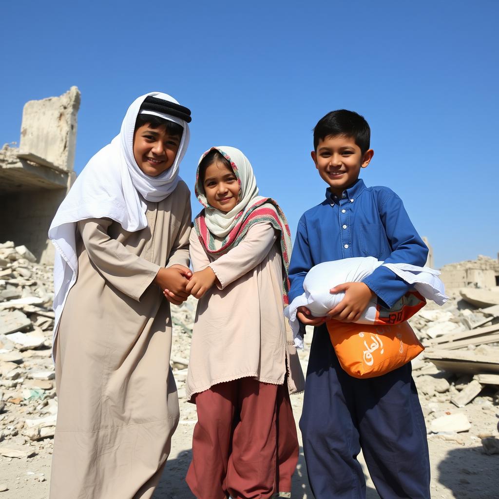A group of three ten-year-old Muslim children, two boys and one girl, are collaborating and helping adults in the ruins of Gaza