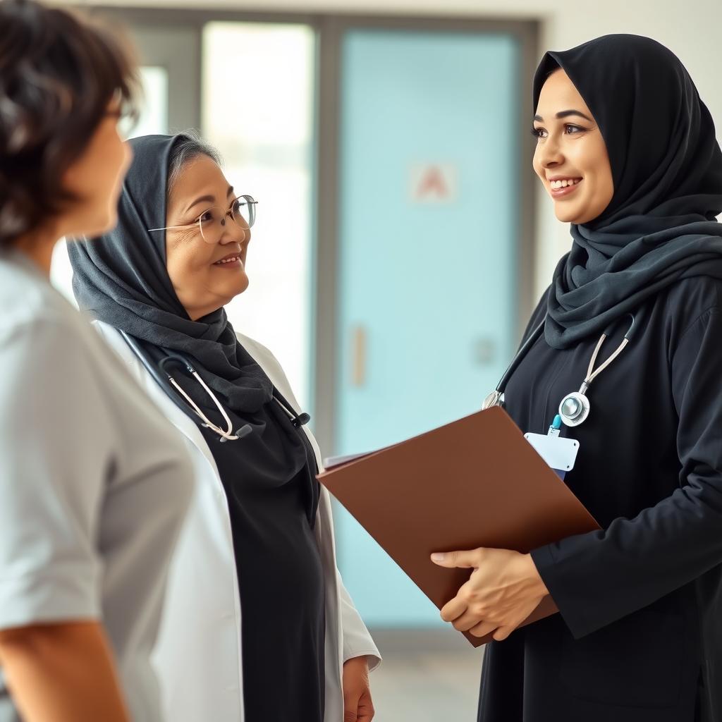 A Muslim Arab woman doctor dressed entirely in black attire, holding a folder, engaged in a conversation with a mother