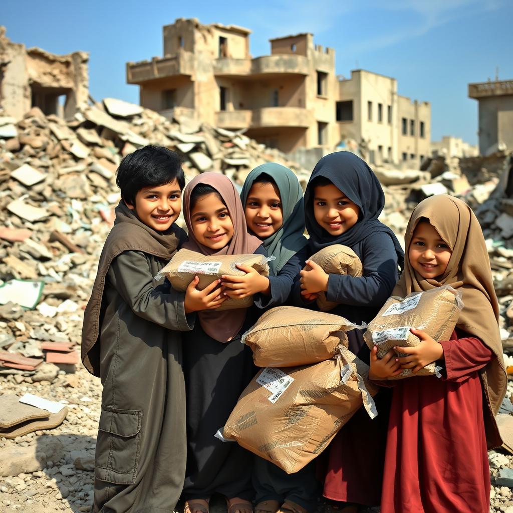 A group of ten-year-old Muslim children collaboratively helping others in the ruins of Gaza, showcasing their determination and spirit