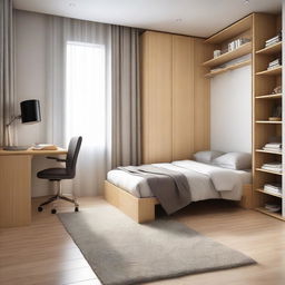 A small cozy style bedroom featuring a medium-sized bed, a study table, a standing fan, two cabinets, and two wardrobes arranged for optimal comfort and convenience.