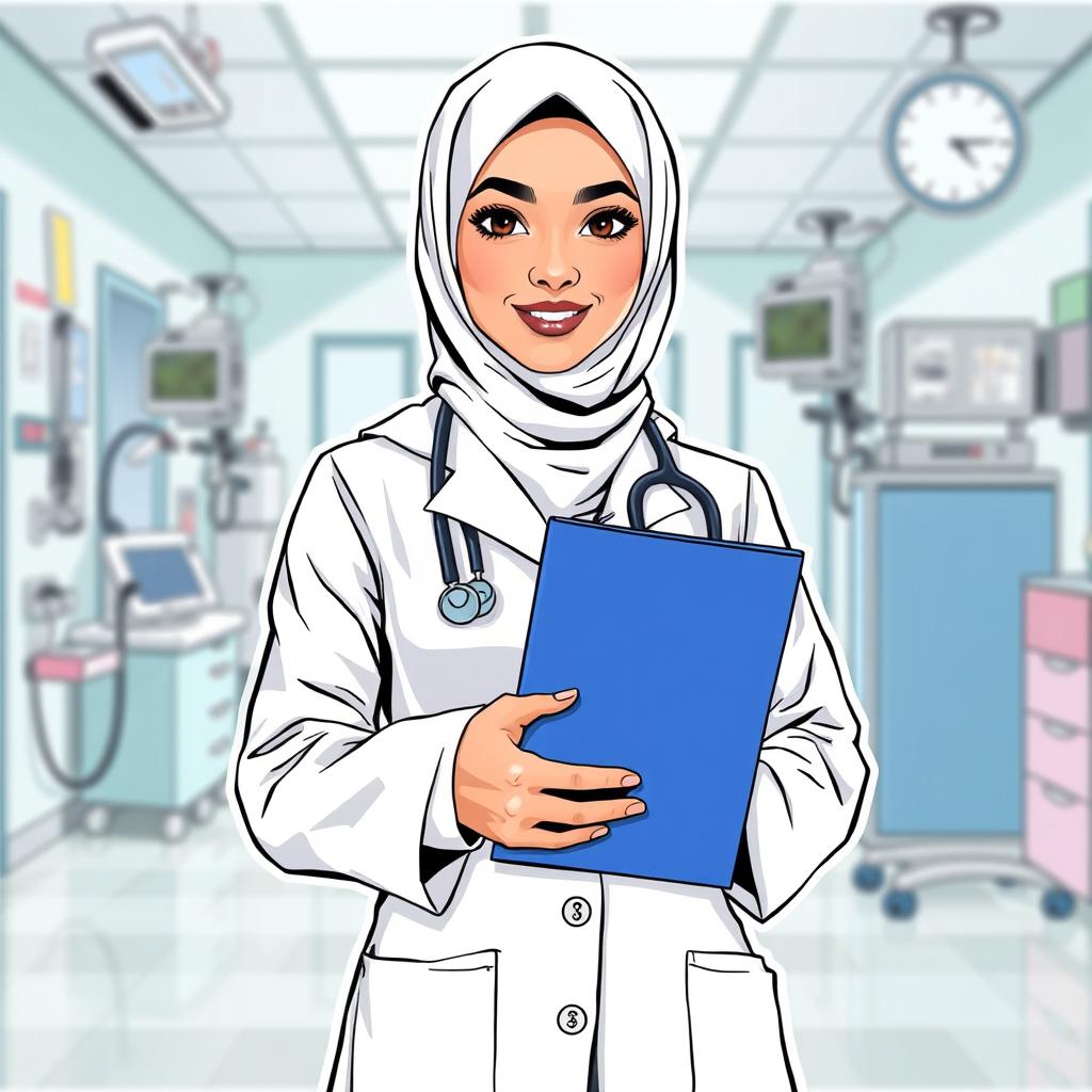 A Muslim Arab female doctor in a completely white outfit, holding a blue folder
