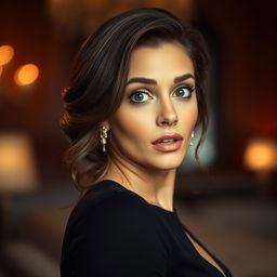 A stunning 40-year-old woman with a surprised expression, facing the camera directly in a sensual pose