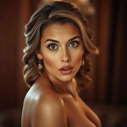 A stunning 40-year-old woman with a surprised expression, facing the camera directly in a sensual pose