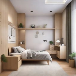 A small cozy style bedroom featuring a medium-sized bed, a study table, a standing fan, two cabinets, and two wardrobes arranged for optimal comfort and convenience.