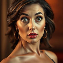 A beautiful 40-year-old woman with a surprised expression, facing the camera directly in a sensual pose