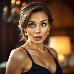 A beautiful 40-year-old woman with a surprised expression, facing the camera directly in a sensual pose