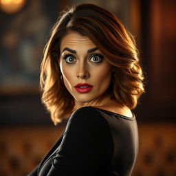 A beautiful 40-year-old woman with a surprised expression, facing the camera directly in a sensual pose