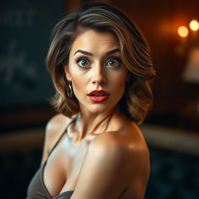 A beautiful 40-year-old woman with a surprised expression, facing the camera directly in a sensual pose