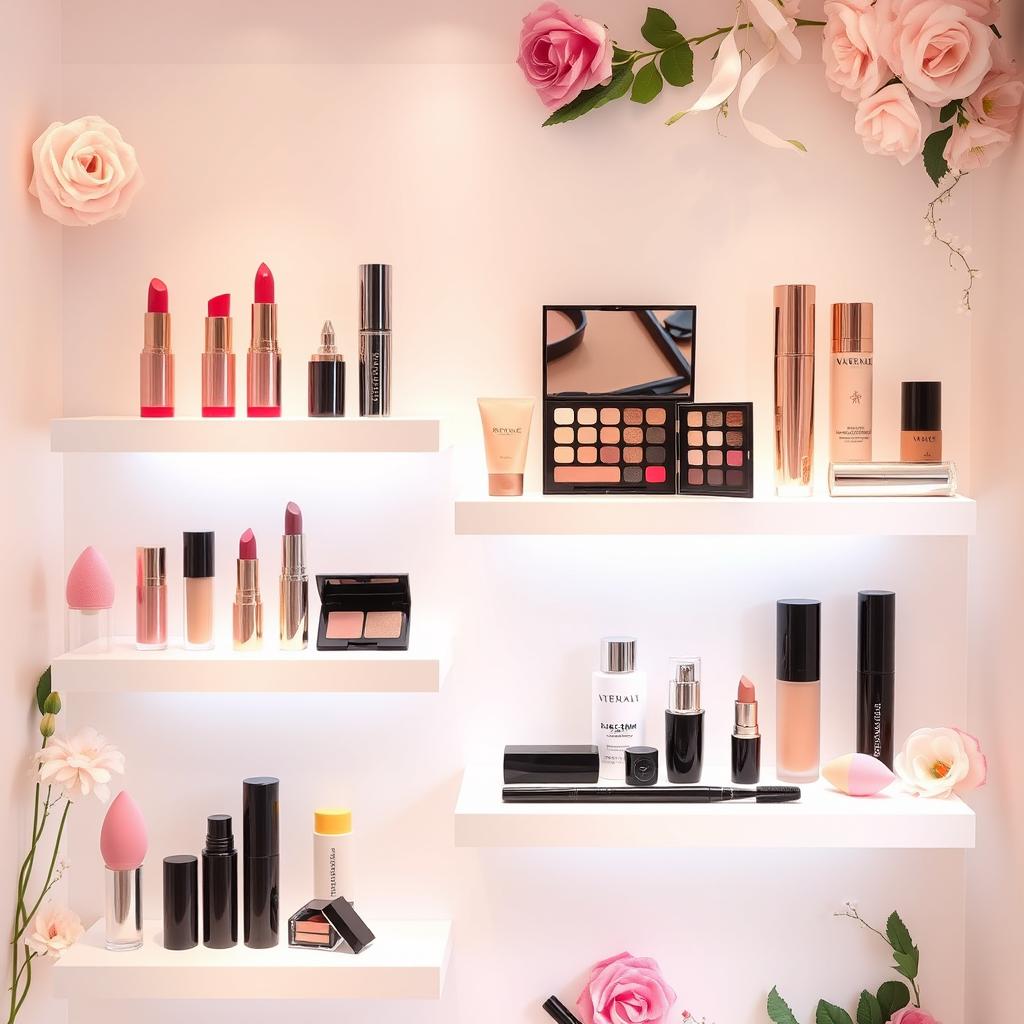 A vibrant and stylish online shop display featuring an array of makeup products including lipsticks, eyeshadows, foundation, and skincare items
