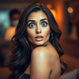 A beautiful 40-year-old woman with a surprised expression, directly facing the camera in a sensual pose